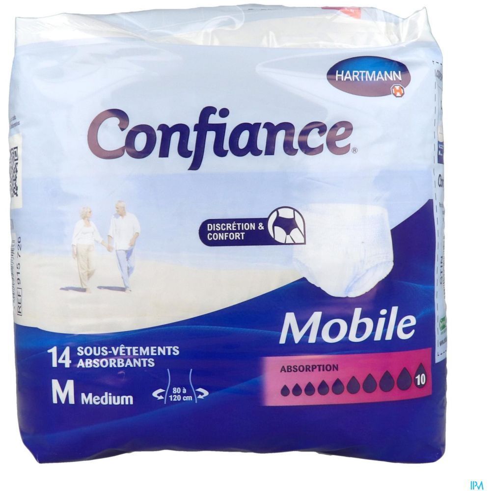 Paquet de 14 slips absorbants. Marque Confiance Mobile, Hartmann. Taille M. Absorption 10. Image du produit.