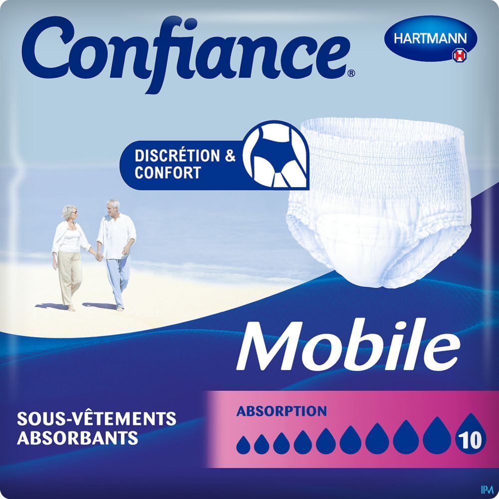 Slip absorbant blanc. Marque Confiance Mobile, Hartmann. Absorption 10 gouttes. Image du produit sur l'emballage.