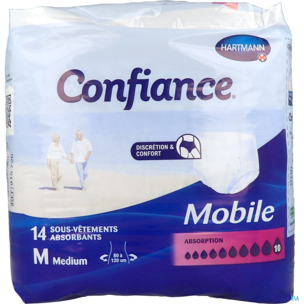 Paquet de 14 slips absorbants. Marque Confiance Mobile, Hartmann. Taille M. Absorption 10. Image du produit.