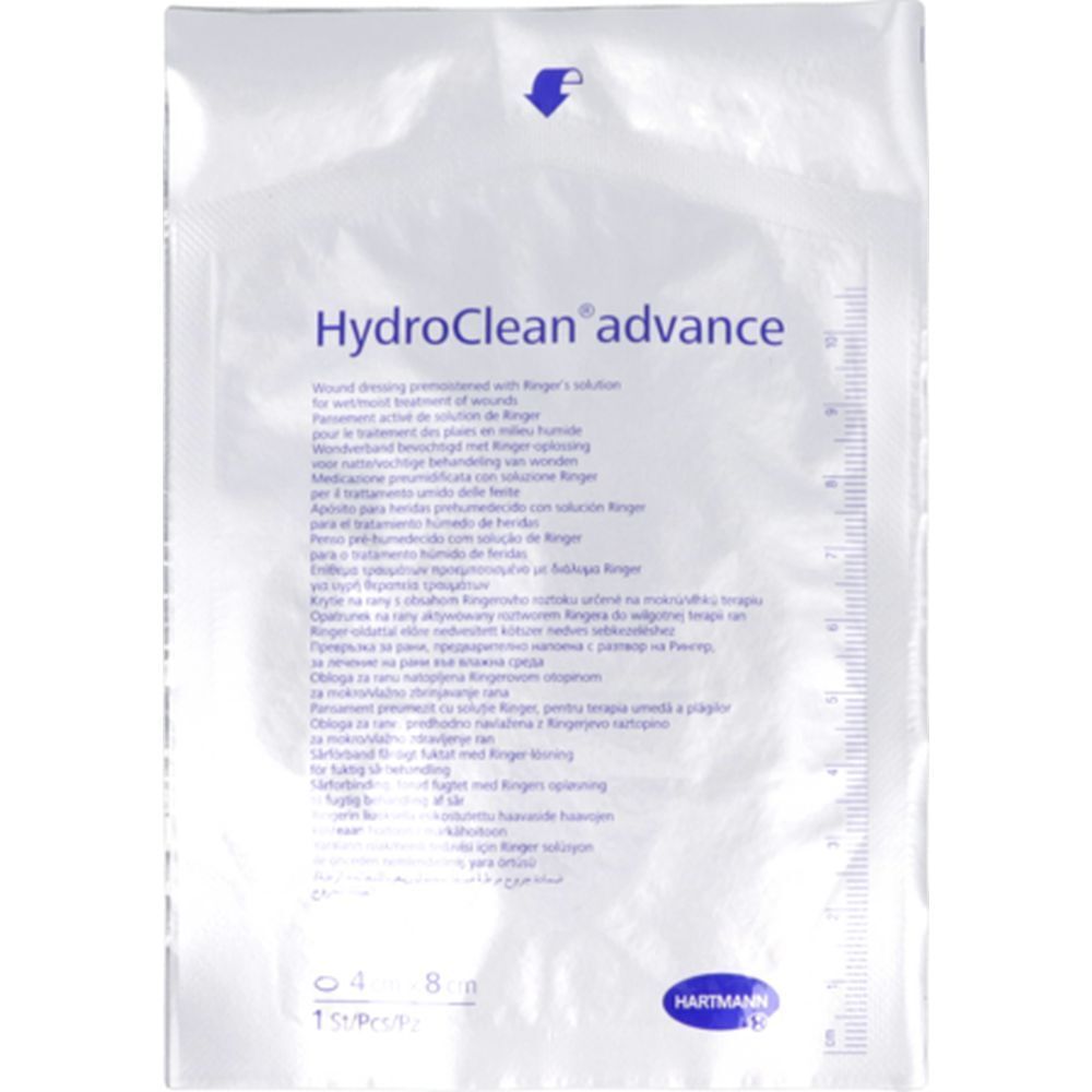 Emballage de pansement HydroClean advance. Dimensions 4 x 8 cm. Logo Hartmann. Marque flèche bleue.