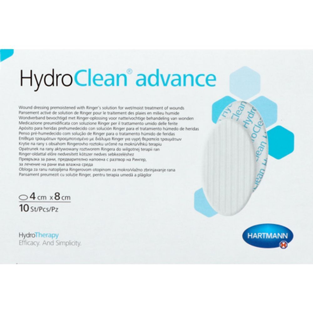 Boîte de pansements HydroClean advance. Dimensions 4 x 8 cm. 10 pièces par boîte. Logo Hartmann.