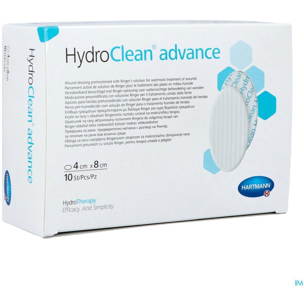 Boîte de pansements HydroClean advance. Dimensions 4 x 8 cm. 10 pièces par boîte. Logo Hartmann.