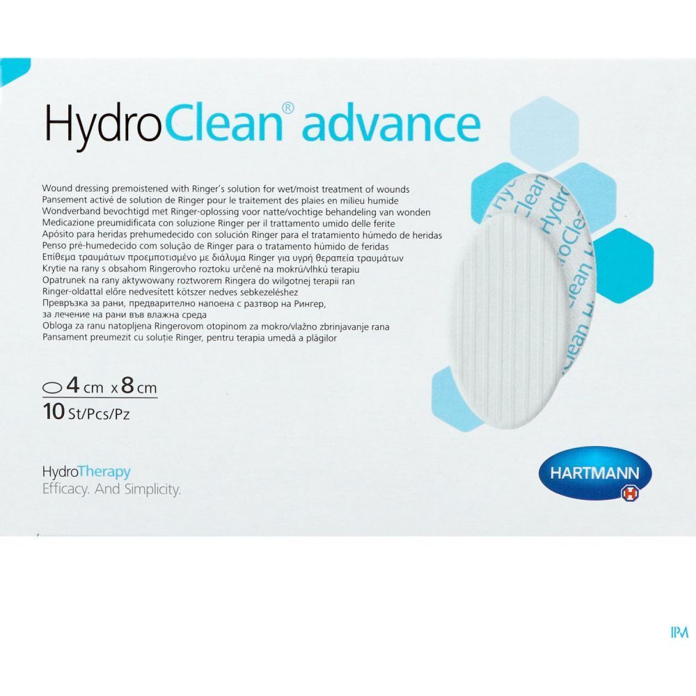 Boîte de pansements HydroClean advance. Dimensions 4 x 8 cm. 10 pièces par boîte. Logo Hartmann.
