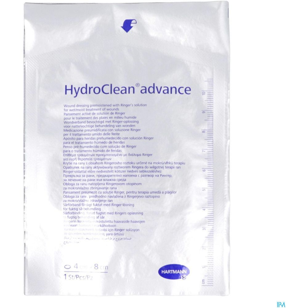 Emballage de pansement HydroClean advance. Dimensions 4 x 8 cm. Logo Hartmann. Marque flèche bleue.