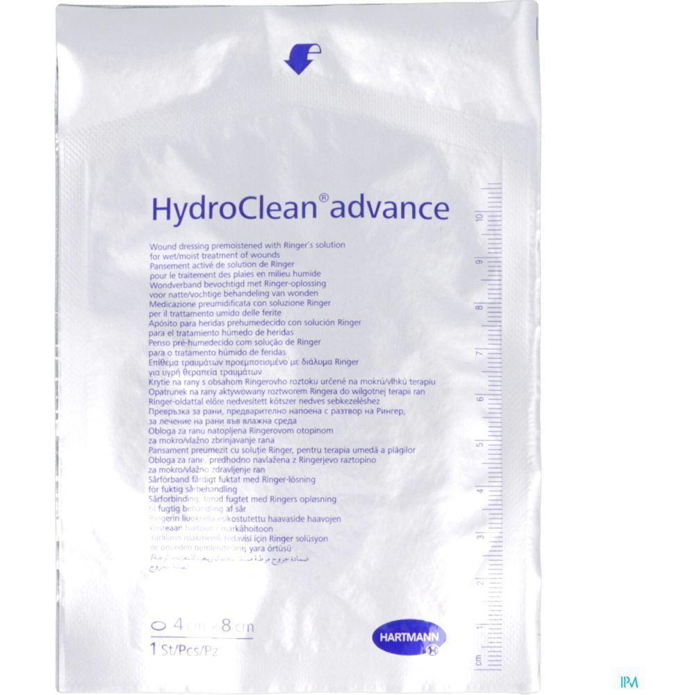 Emballage de pansement HydroClean advance. Dimensions 4 x 8 cm. Logo Hartmann. Marque flèche bleue.