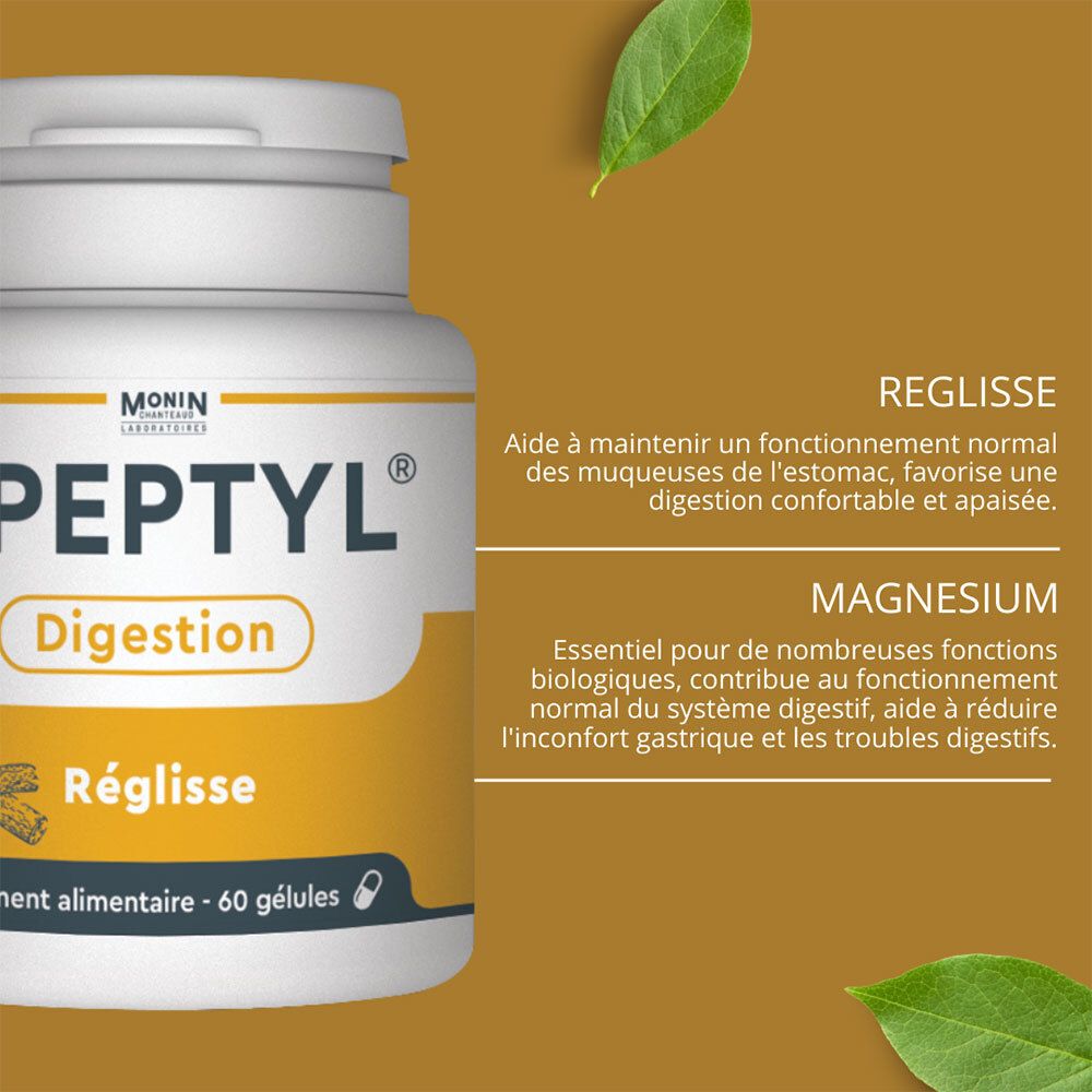 Flacon avec étiquette jaune. Texte: PEPTYL, Digestion, Réglisse. Texte sur ingrédients et bienfaits.