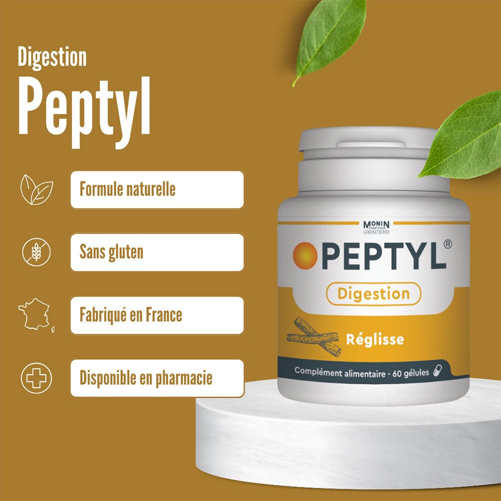 Flacon avec étiquette jaune. Texte: PEPTYL, Digestion, Réglisse. Infos: Formule, sans gluten, fabriqué en France.