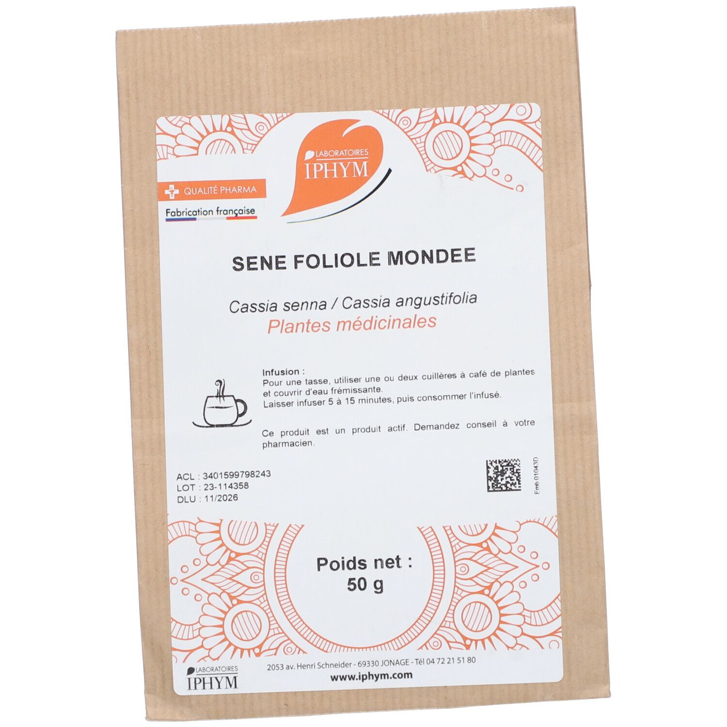 Sachet de tisane Séné foliole mondée, 50 g. Inscription IPHYM. Fabrication française. Plantes médicinales.