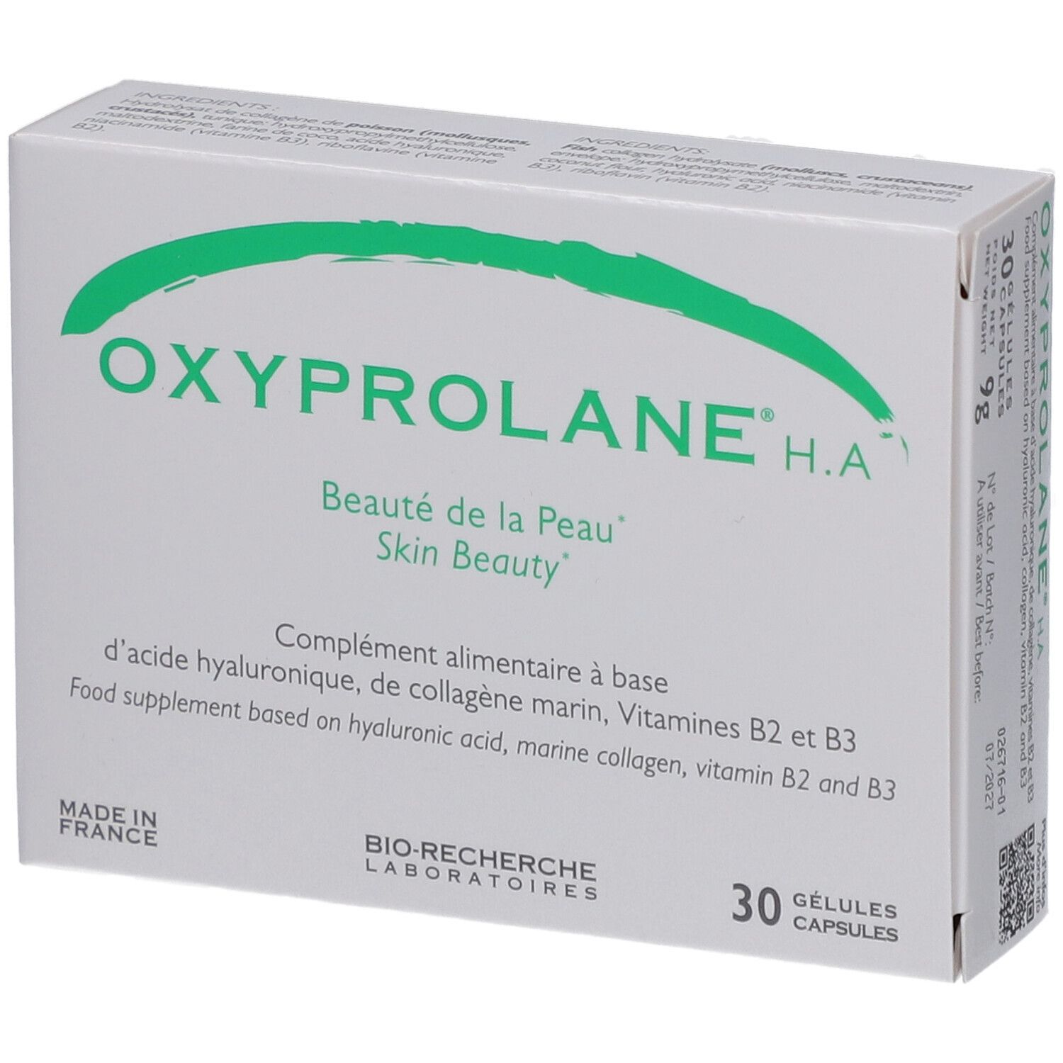 Boîte Oxyprolane H.A. avec 30 gélules. Contient acide hyaluronique, collagène marin, vitamines B2 et B3. Fabriqué en France.