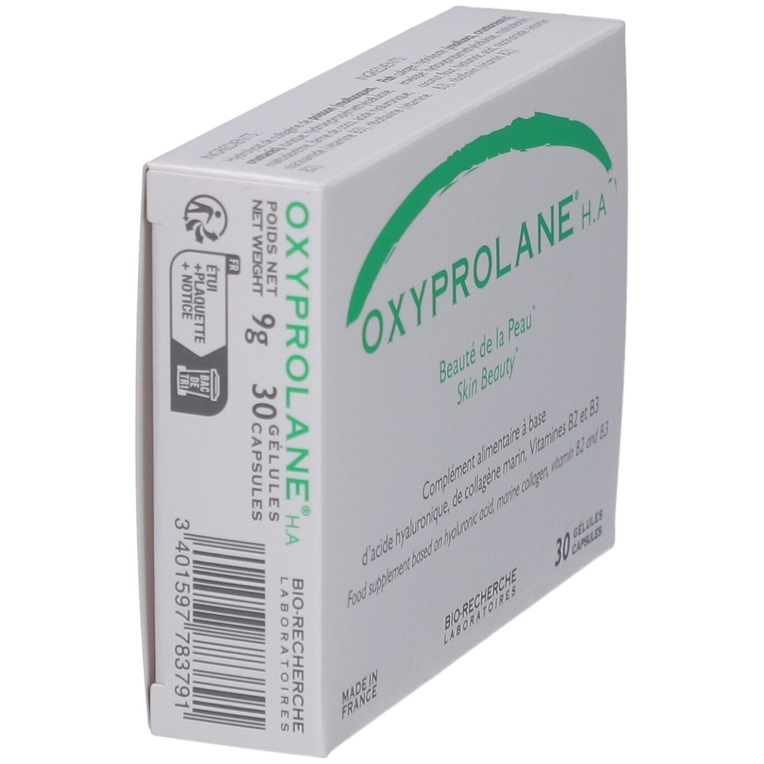 Boîte Oxyprolane H.A. en biais. Contient 30 gélules. Contient acide hyaluronique, collagène marin, vitamines B2 et B3. Fabriqué en France.