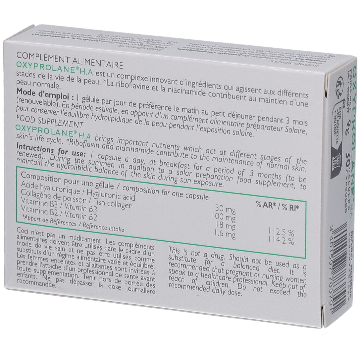 Dos de la boîte Oxyprolane H.A. Contient informations sur ingrédients et utilisation. 30 gélules. Fabriqué en France.