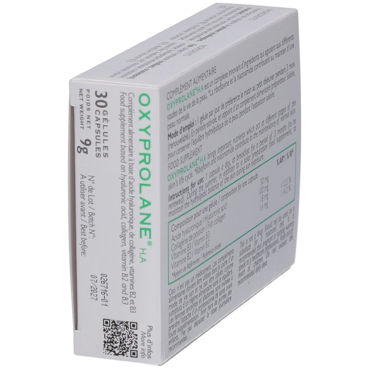 Boîte Oxyprolane H.A. en biais. Contient 30 gélules. Informations sur ingrédients et date de péremption. Fabriqué en France.