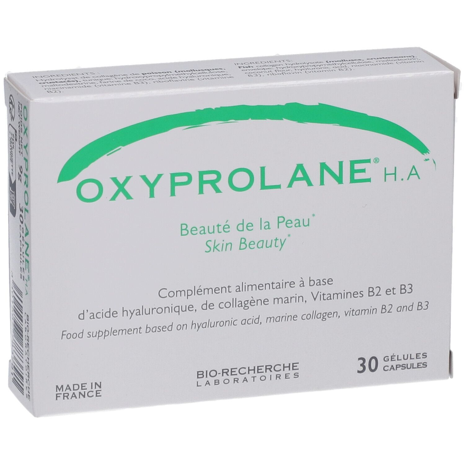Boîte Oxyprolane H.A. avec logo vert. Contient 30 gélules. Contient acide hyaluronique, collagène marin, vitamines B2 et B3. Fabriqué en France.
