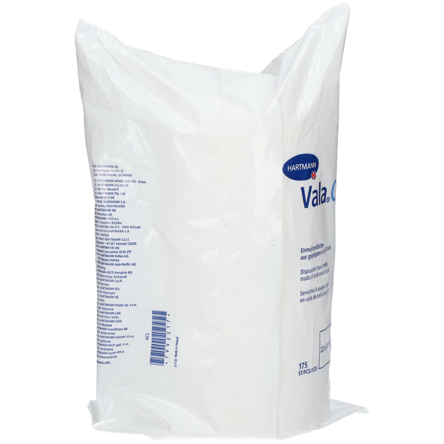 Rückseite der weißen Einmalhandtuch-Rollenpackung. Marke HARTMANN Vala.Clean. Text in mehreren Sprachen, Barcode.