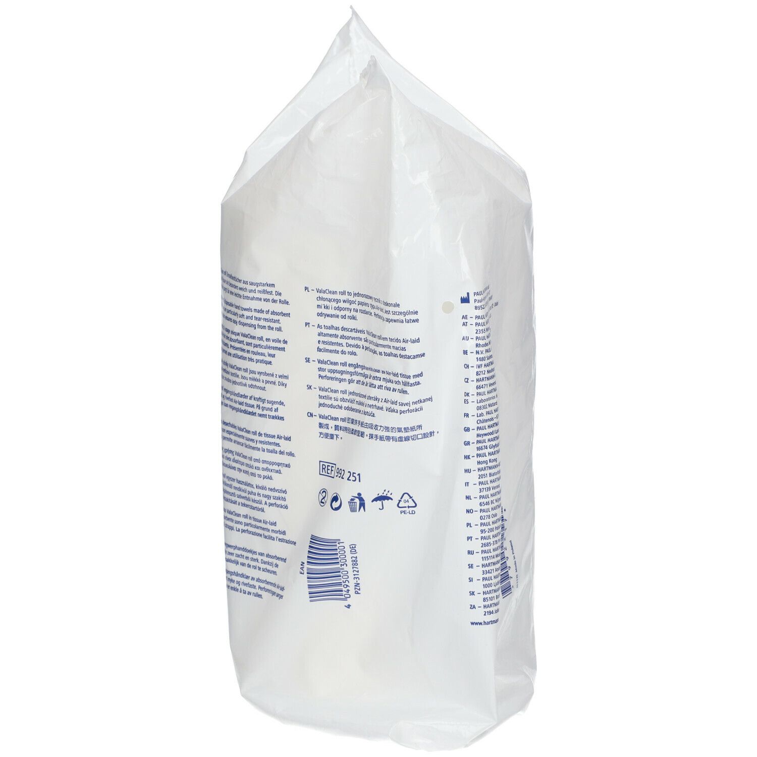 Rückansicht der weißen Einmalhandtuch-Rollenpackung. Text in mehreren Sprachen, Barcode, Recycling-Symbole.