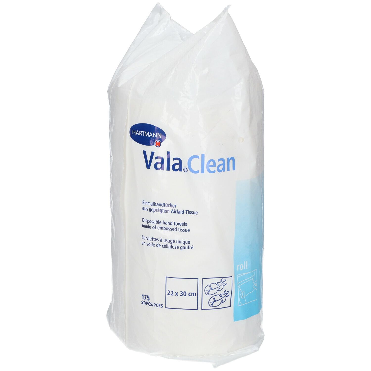 Weiße Einmalhandtuch-Rollenpackung. Marke HARTMANN Vala.Clean. 175 Stück, 22 x 30 cm. Mit geprägtem Airlaid-Tissue.