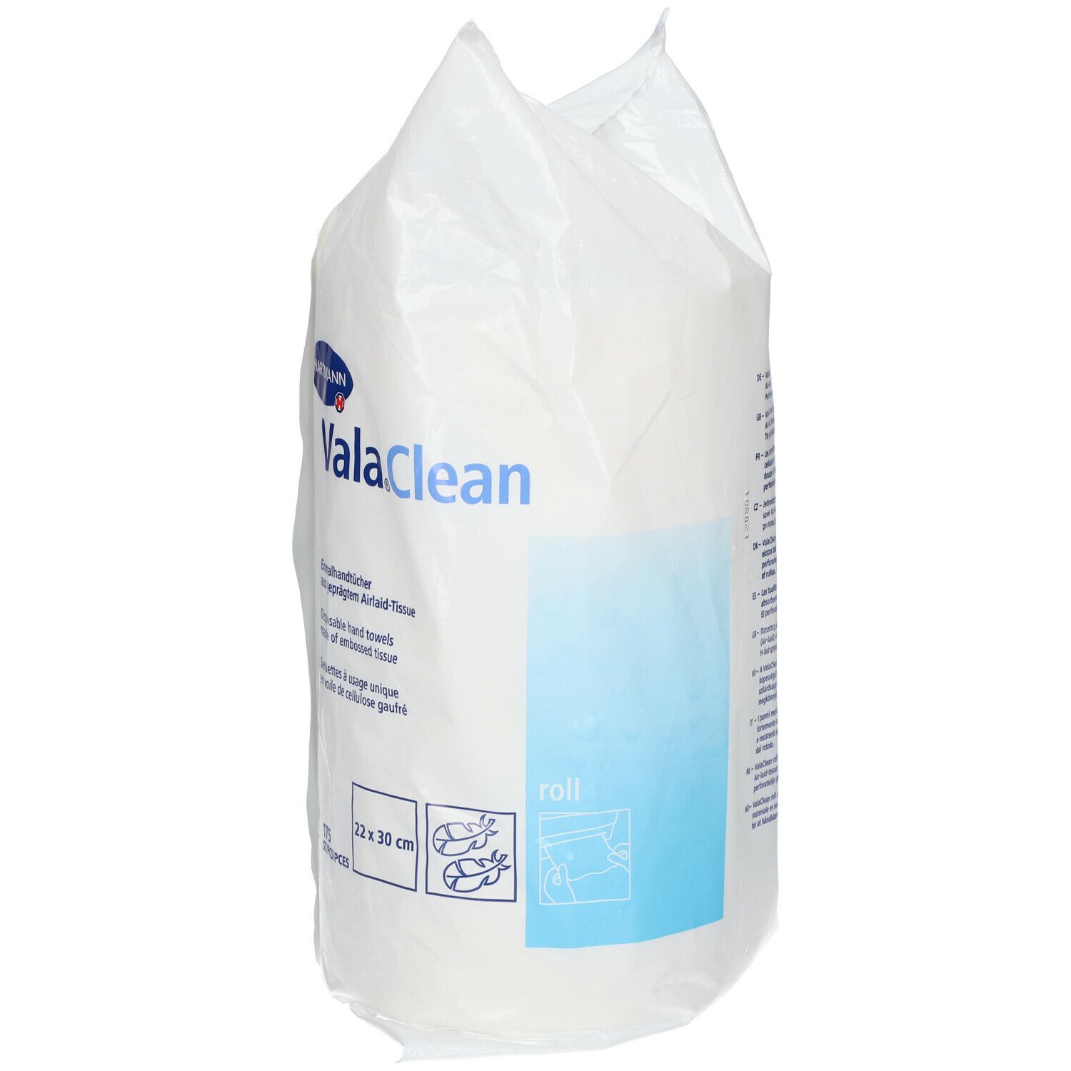 Weiße Einmalhandtuch-Rollenpackung. Marke HARTMANN Vala.Clean. 175 Stück, 22 x 30 cm. Mit geprägtem Airlaid-Tissue.