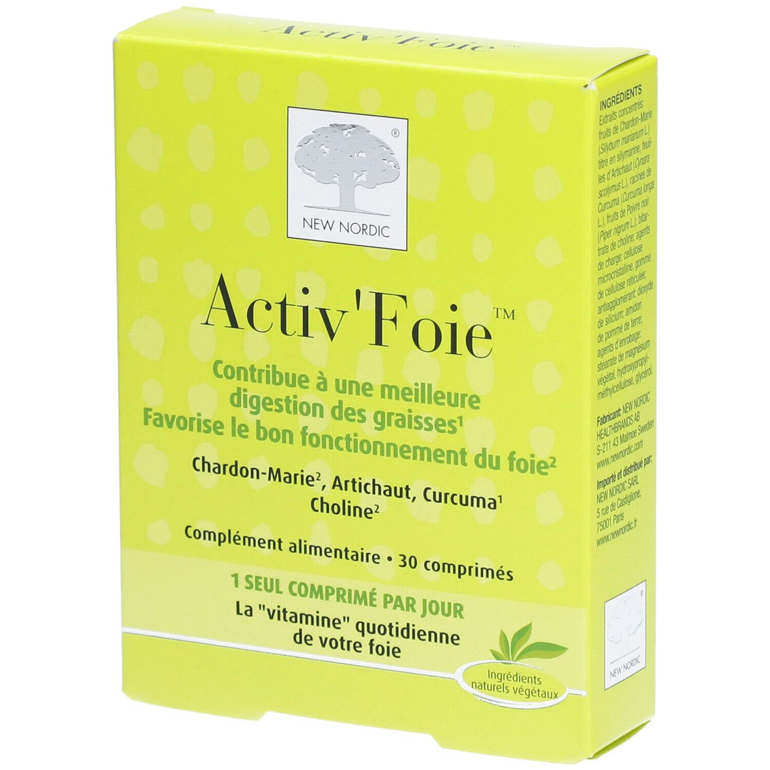 Boîte jaune "Activ'Foie". Contient 30 comprimés. Marque: New Nordic. Ingrédients et logo visibles.