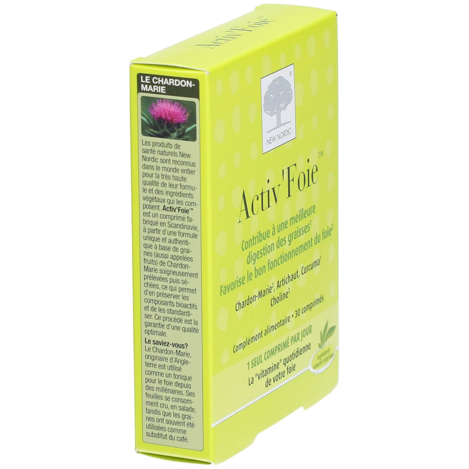Boîte jaune "Activ'Foie". Marque: New Nordic. Texte et logo. Contient 30 comprimés. Vue latérale avec texte.