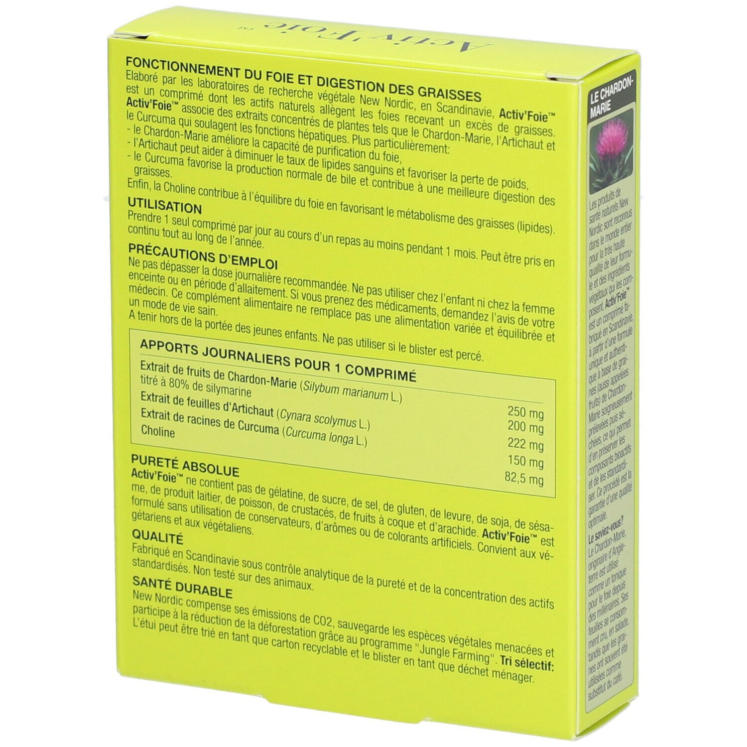 Boîte jaune "Activ'Foie". Dos avec ingrédients, dosage et informations fabricant. Marque: New Nordic.