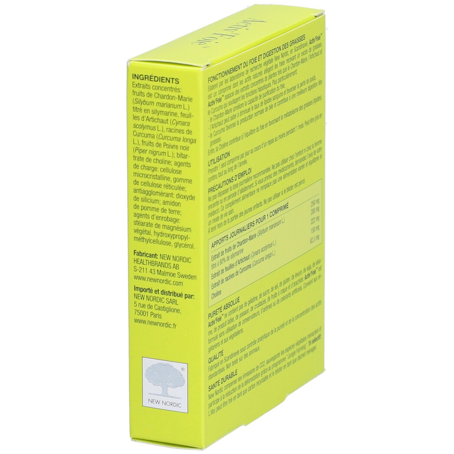 Boîte jaune "Activ'Foie". Vue latérale avec ingrédients, informations fabricant. Marque: New Nordic.