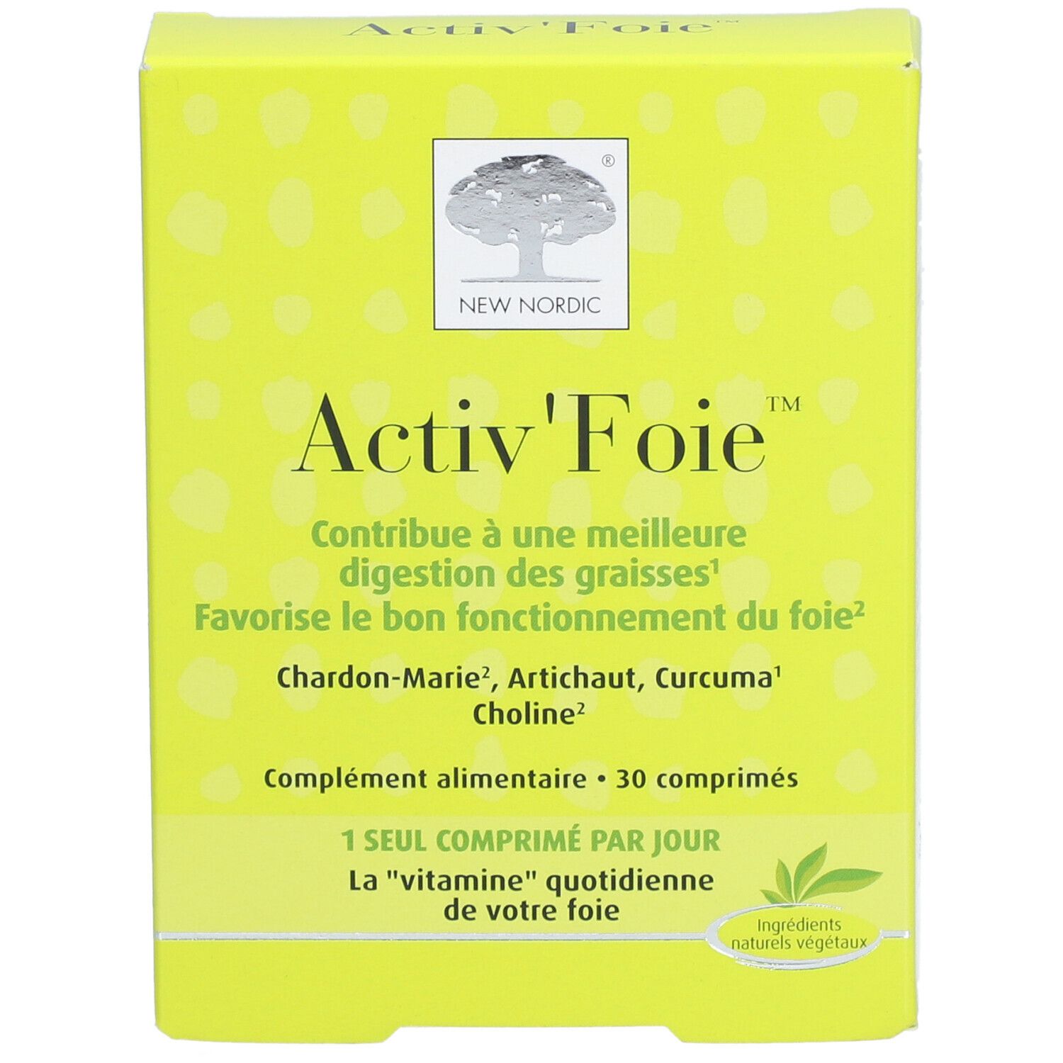 Boîte jaune "Activ'Foie". Marque: New Nordic. Contient 30 comprimés. Vue de face avec texte et logo.
