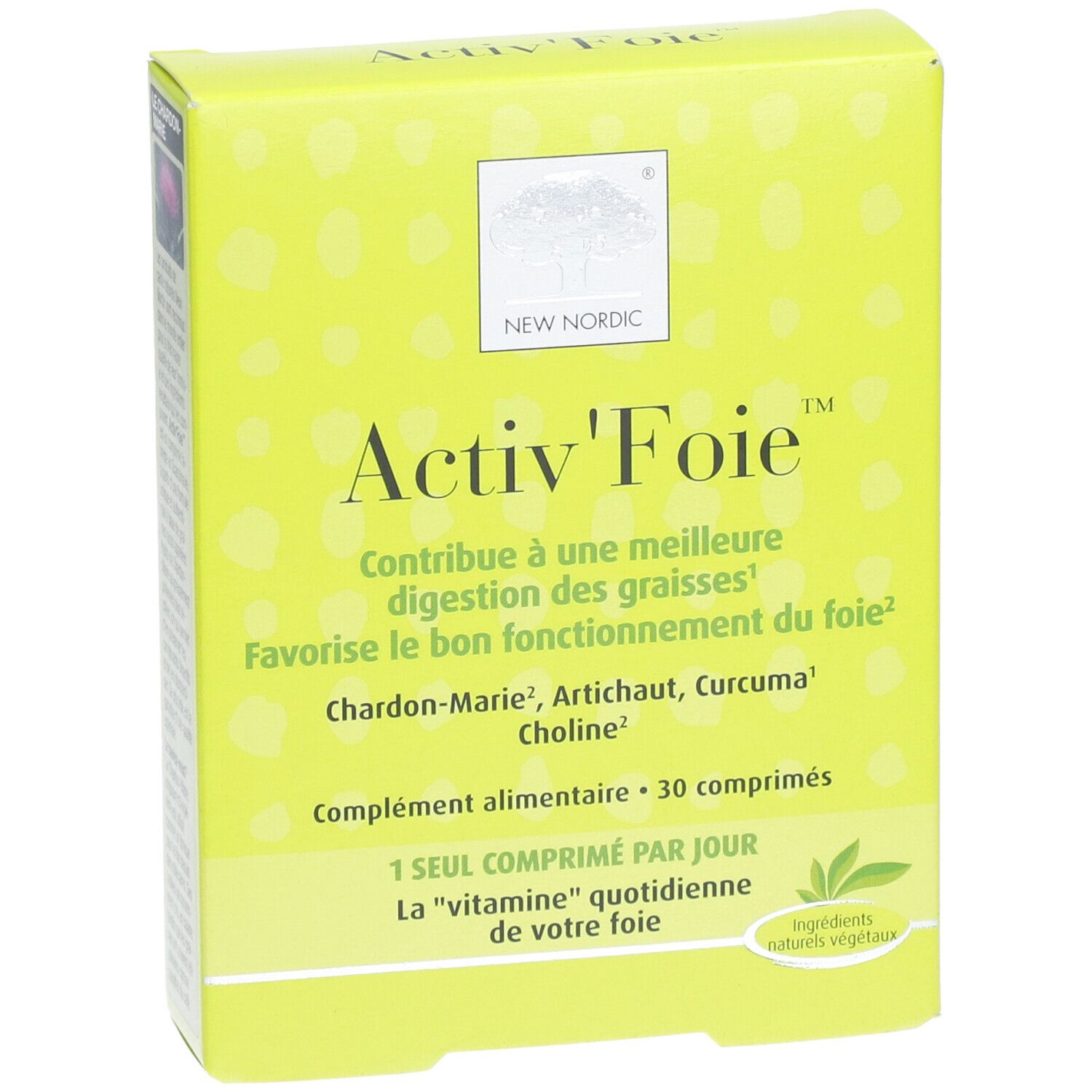Boîte jaune "Activ'Foie". Marque: New Nordic. Contient 30 comprimés. Vue de face avec texte et logo.