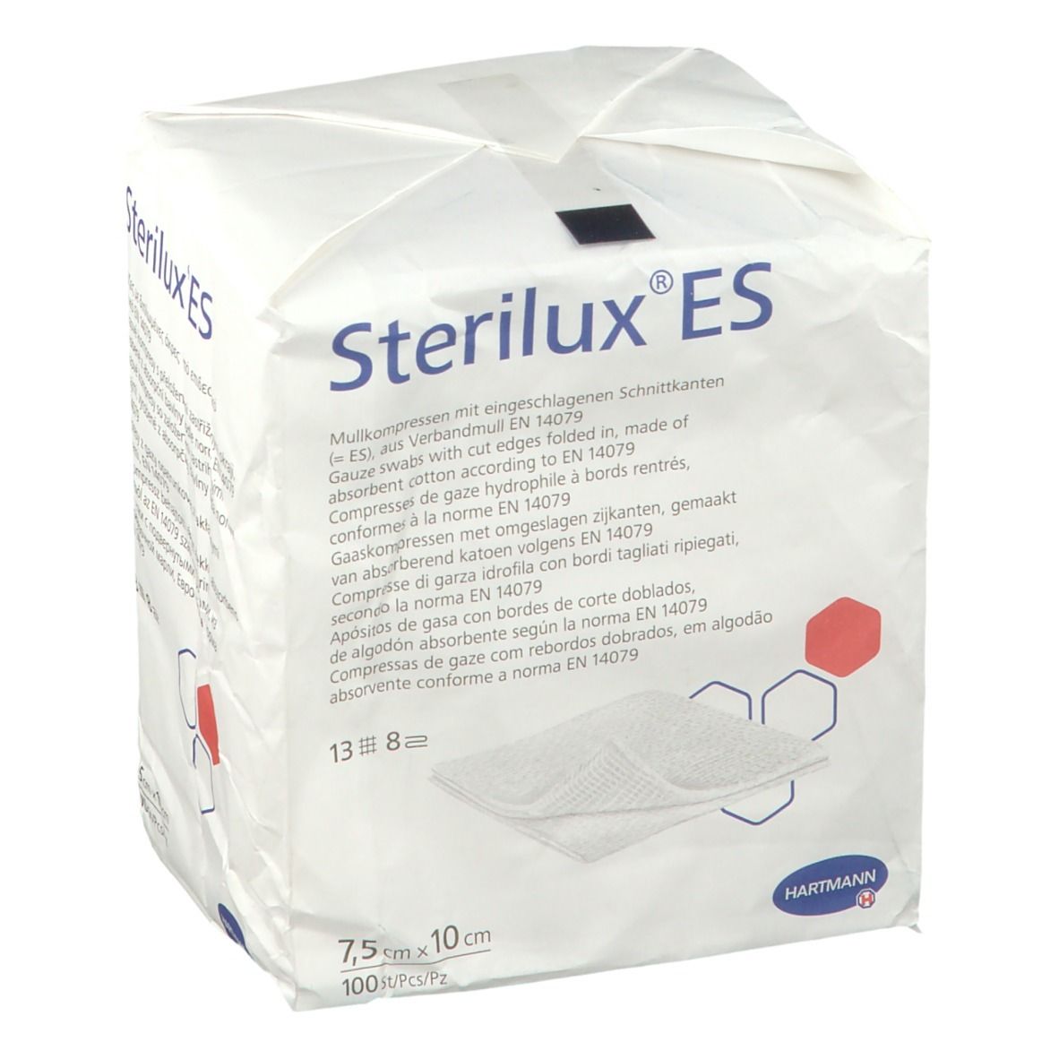 Emballage de tampons de gaze Sterilux ES. Dimensions 7,5 x 10 cm. Marque Hartmann. 100 pièces.