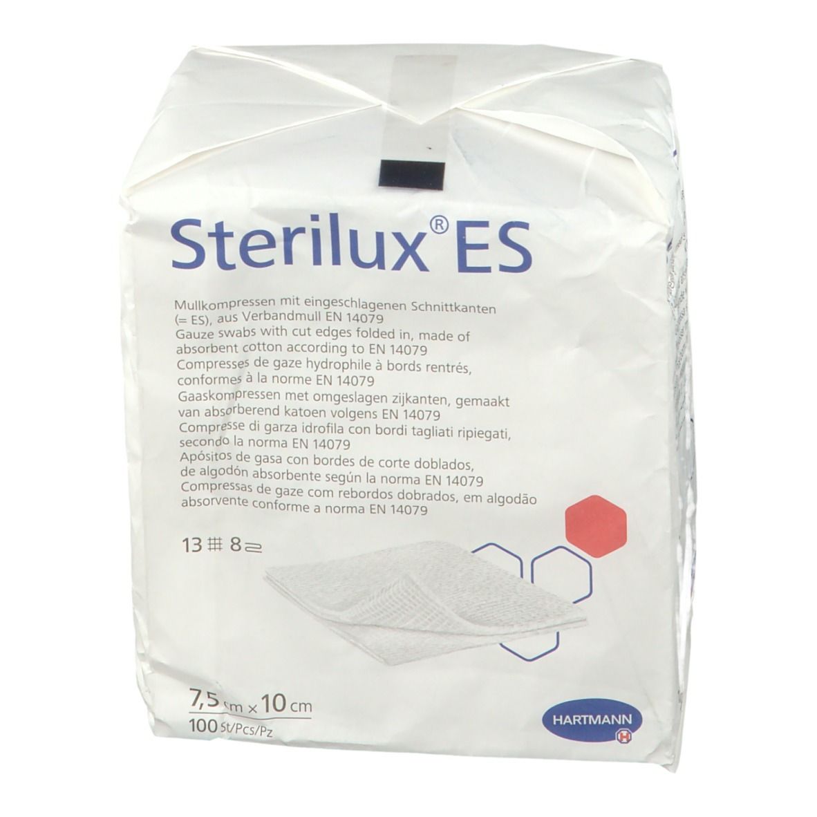 Emballage de tampons de gaze Sterilux ES. Dimensions 7,5 x 10 cm. Marque Hartmann. 100 pièces.