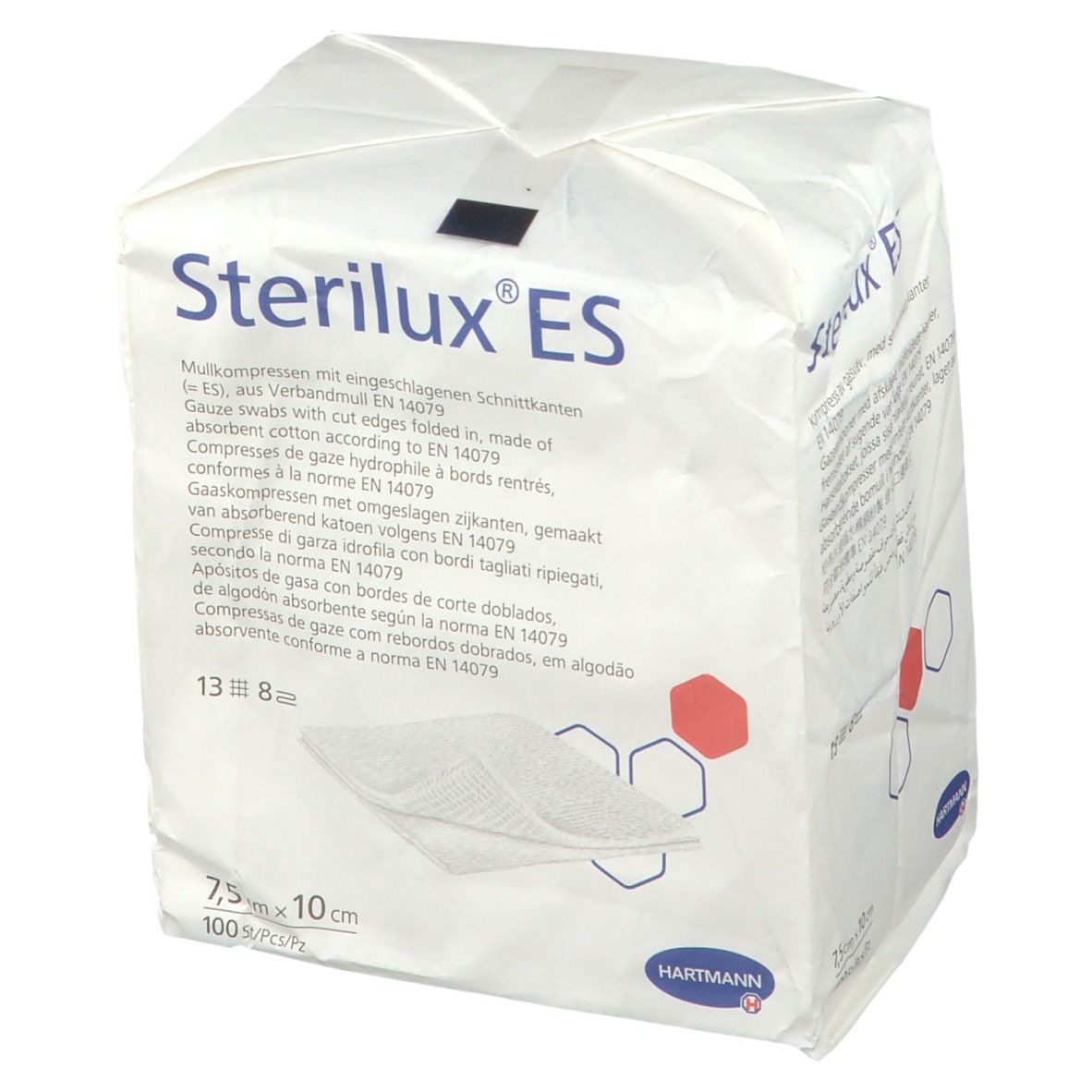 Emballage de tampons de gaze Sterilux ES. Dimensions 7,5 x 10 cm. Marque Hartmann. 100 pièces.