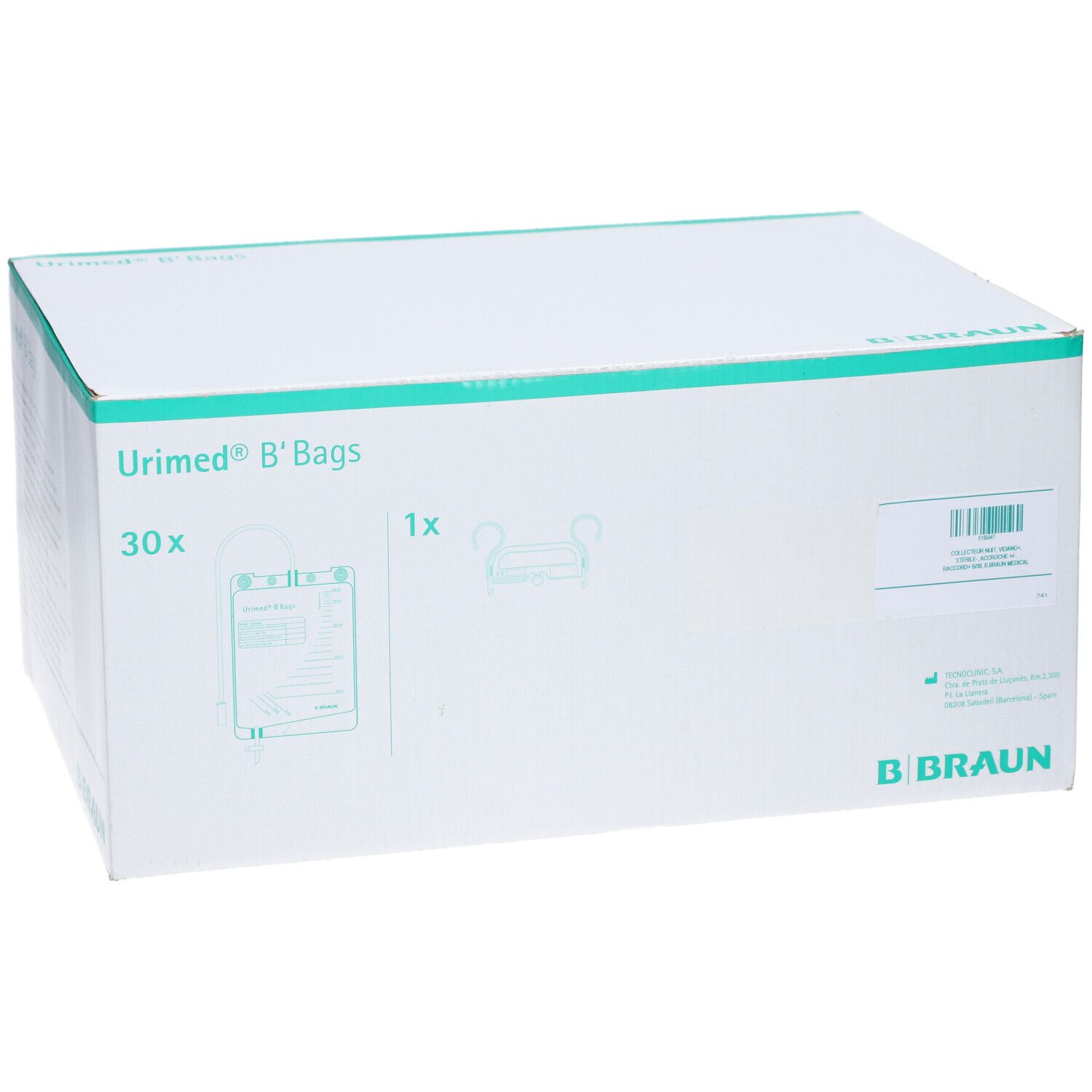 Boîte URIMED B'BAGS. Inscriptions : 30x, 1x, logo B. Braun. Bordure verte.