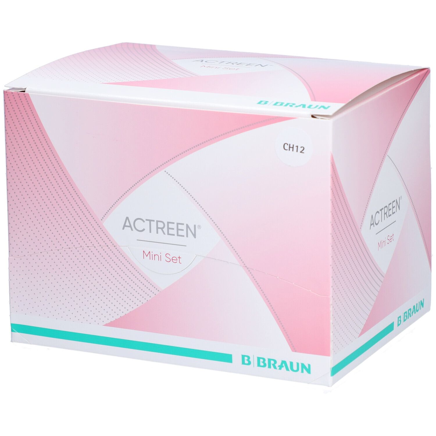 Emballage Actreen® Mini Set. Design rose et blanc avec nom et logo du produit. Logo B. Braun en bas.