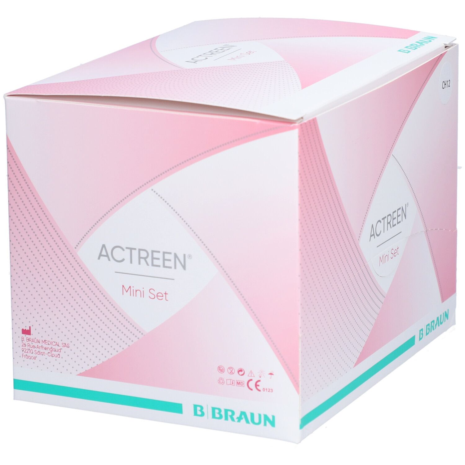 Emballage Actreen® Mini Set. Design rose et blanc avec nom et logo. Logo B. Braun en bas. Marquage CE.