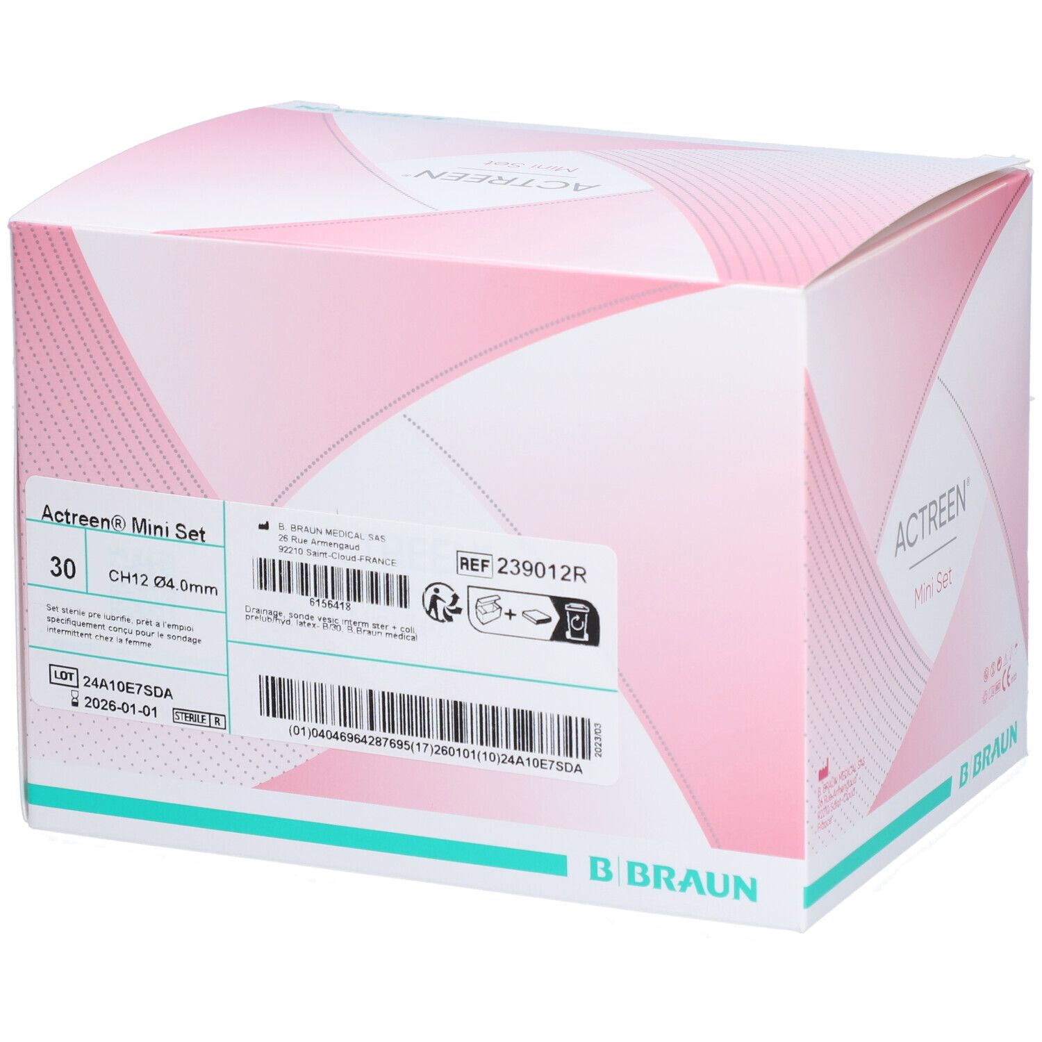 Emballage Actreen® Mini Set. Design rose et blanc avec nom et logo. Logo B. Braun en bas. Informations produit.