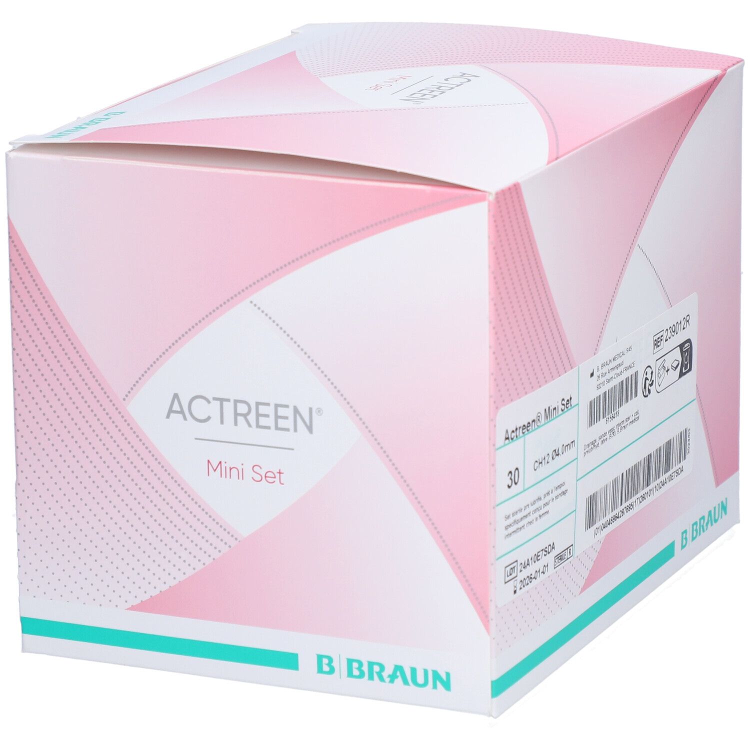 Emballage Actreen® Mini Set. Design rose et blanc avec nom et logo. Logo B. Braun en bas. Informations produit.