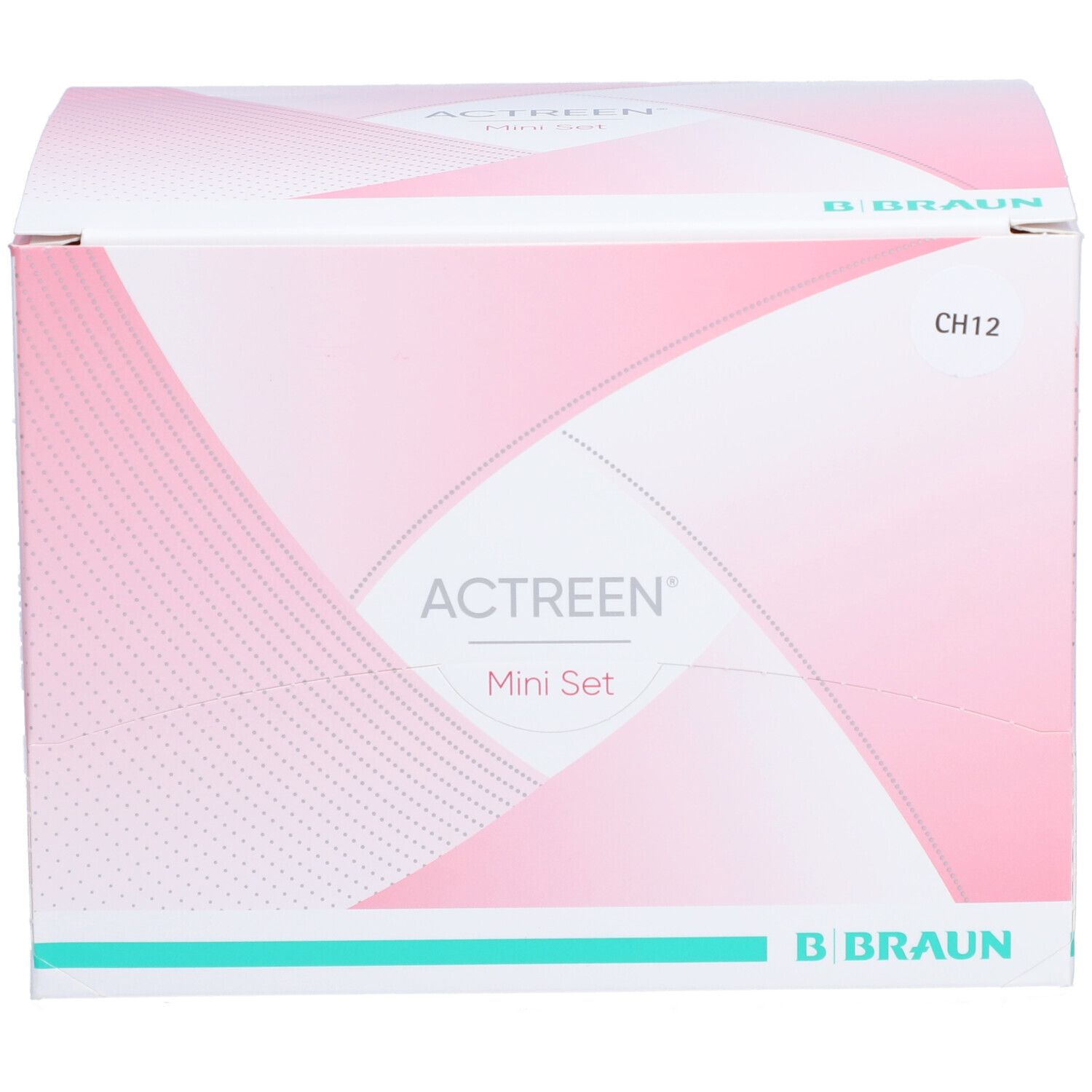 Emballage Actreen® Mini Set. Design rose et blanc avec nom et logo. Logo B. Braun en bas. Marquage CH12.
