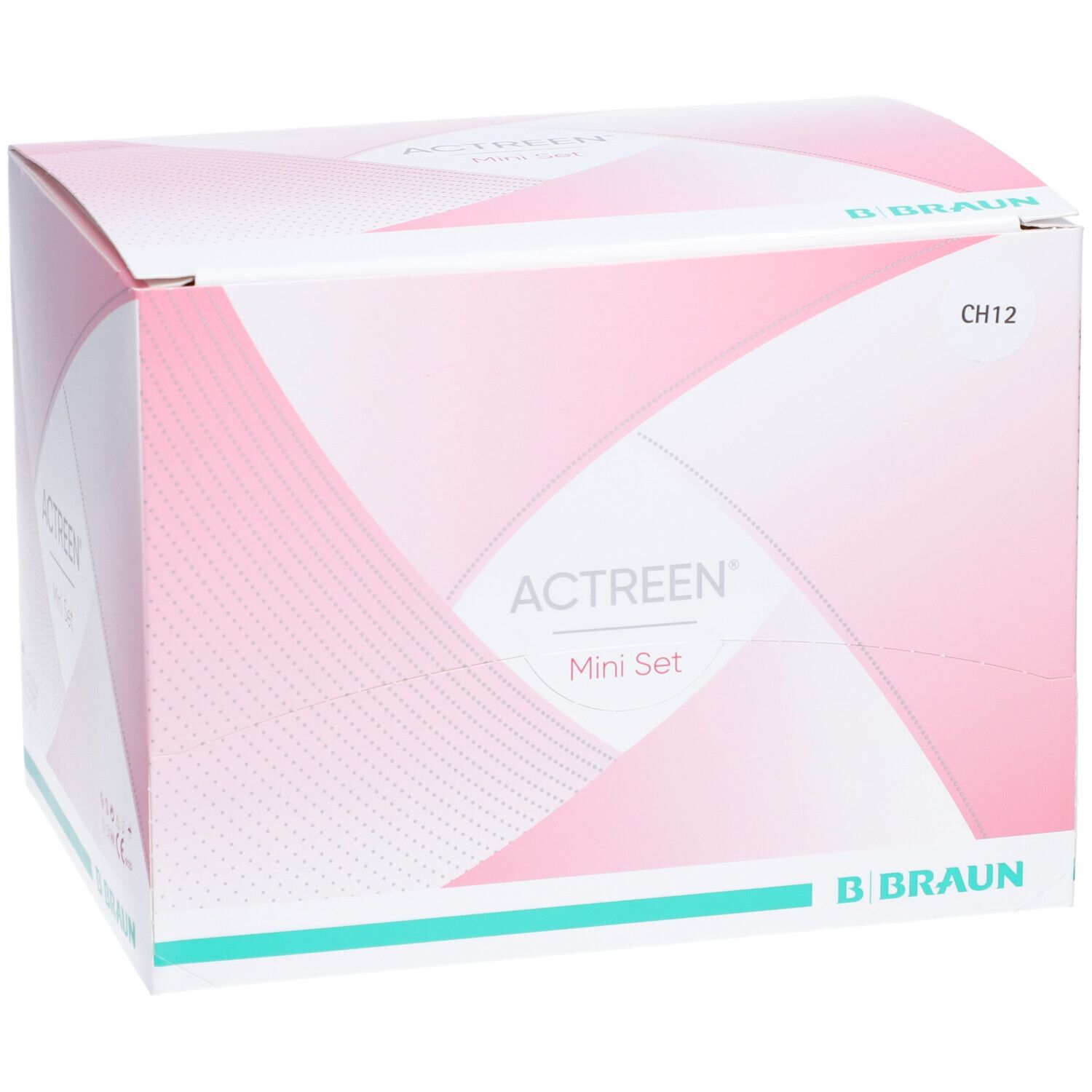 Emballage Actreen® Mini Set. Design rose et blanc avec nom et logo. Logo B. Braun en bas. Marquage CH12.