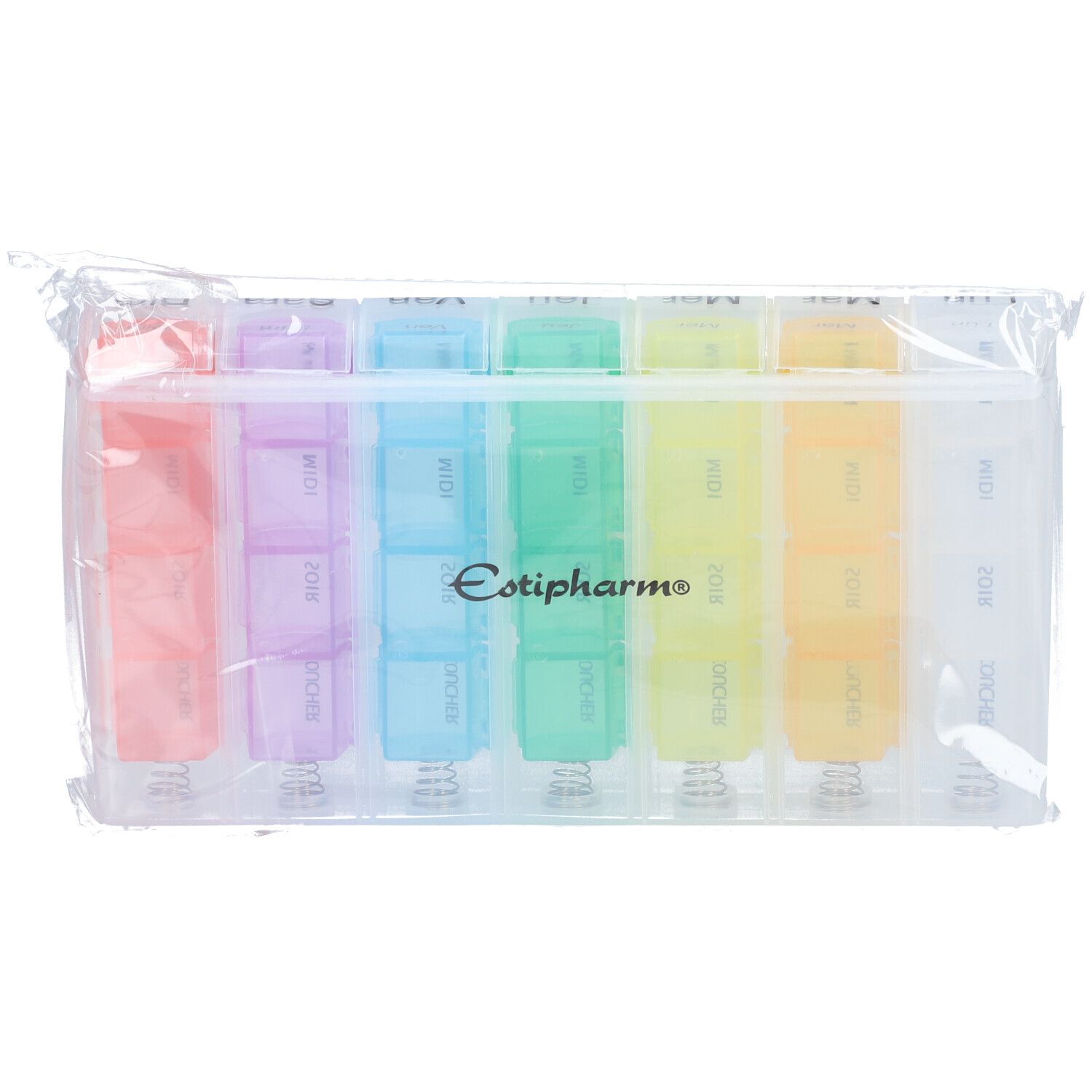 Rechthoekige wekelijkse pillendoos, 7 gekleurde compartimenten, zichtbaar logo, plastic verpakking.
