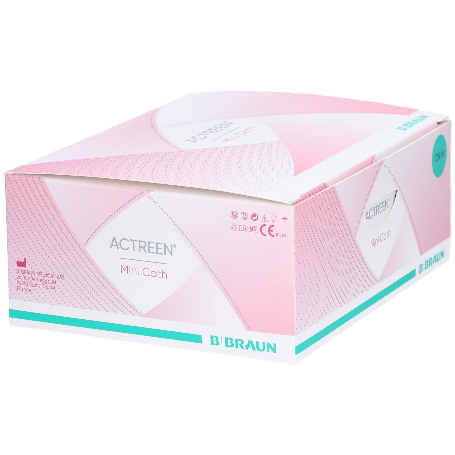 Boîte Actreen Mini Cath. Emballage rose et blanc avec nom du produit et logos.
