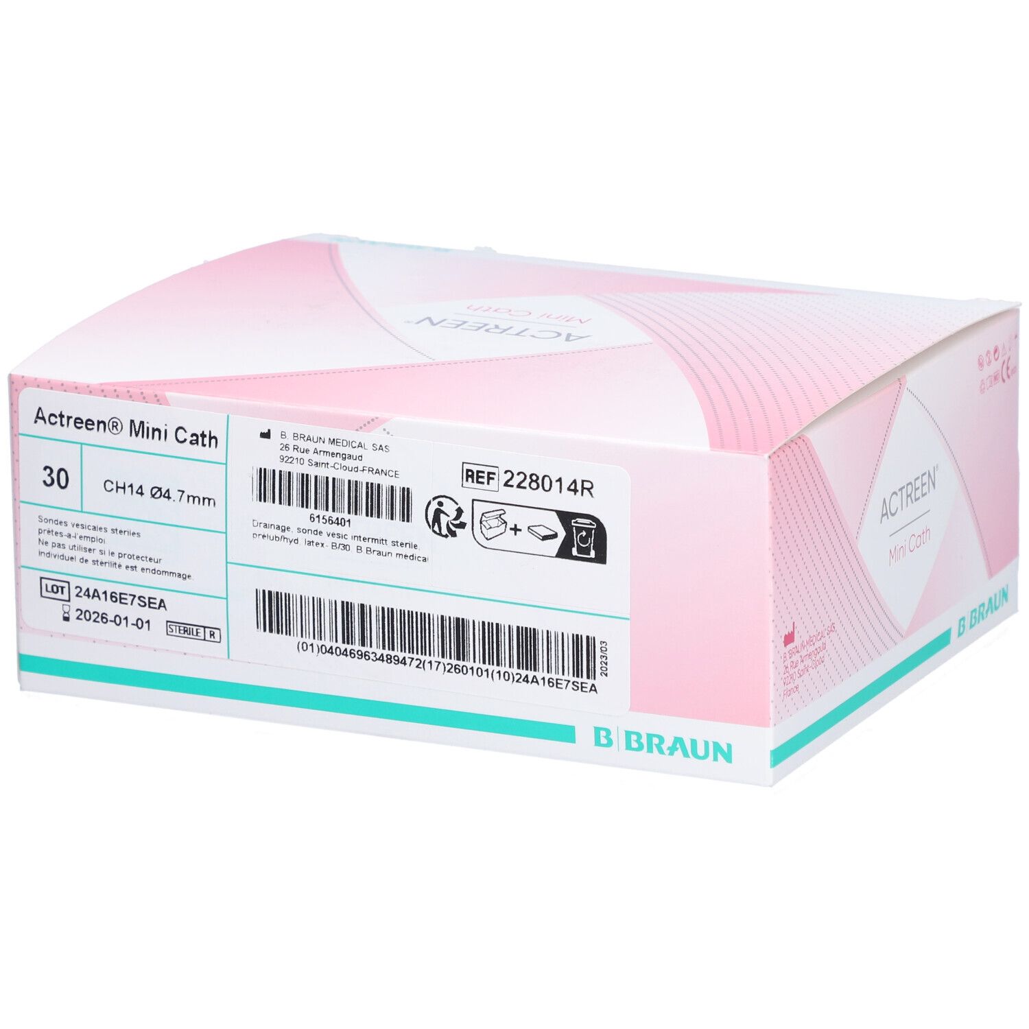 Boîte Actreen Mini Cath. Emballage rose et blanc avec informations produit et numéro de lot.