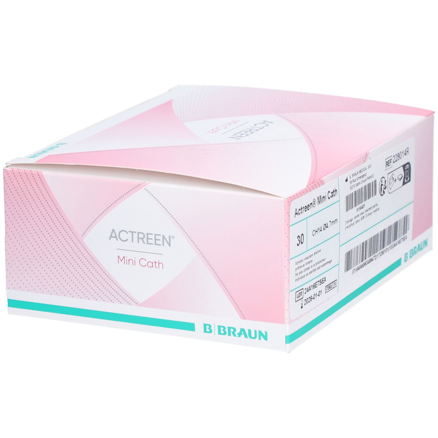 Boîte Actreen Mini Cath. Emballage rose et blanc avec informations produit et numéro de lot.