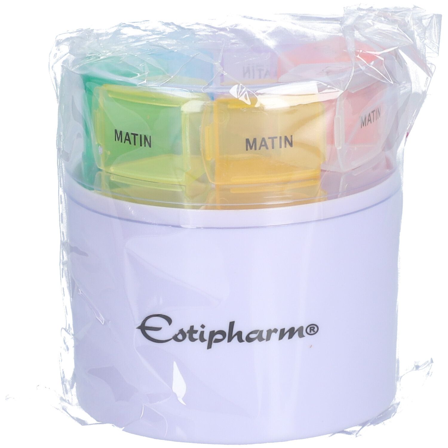 Pilulier rond, emballé. Compartiments colorés avec "MATIN". Marque "Estipharm" visible.