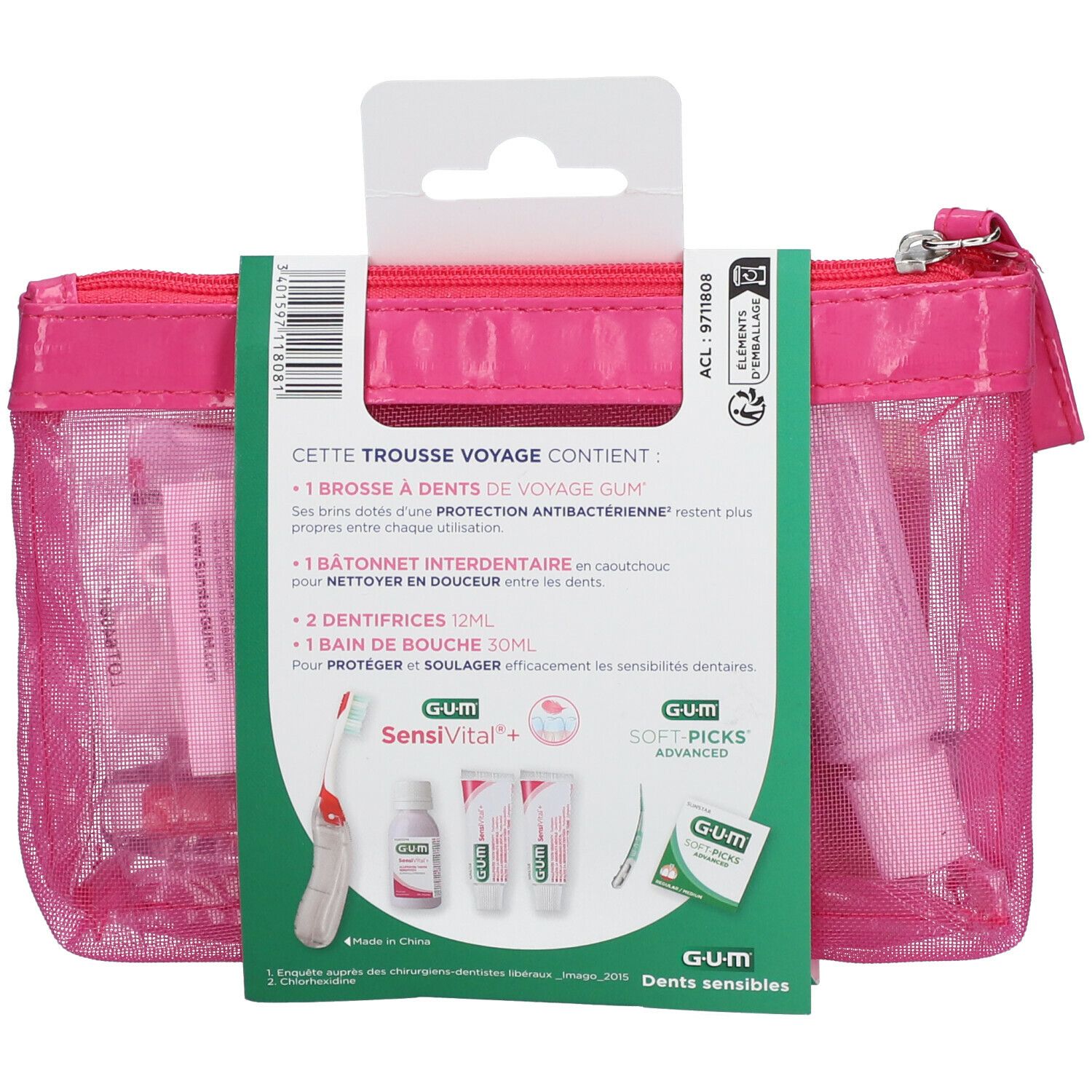 Rückseite des GUM Reise-Sets. Enthält Informationen zu den Produkten: Zahnbürste, Zahnseide, Zahnpasta und Mundspülung.