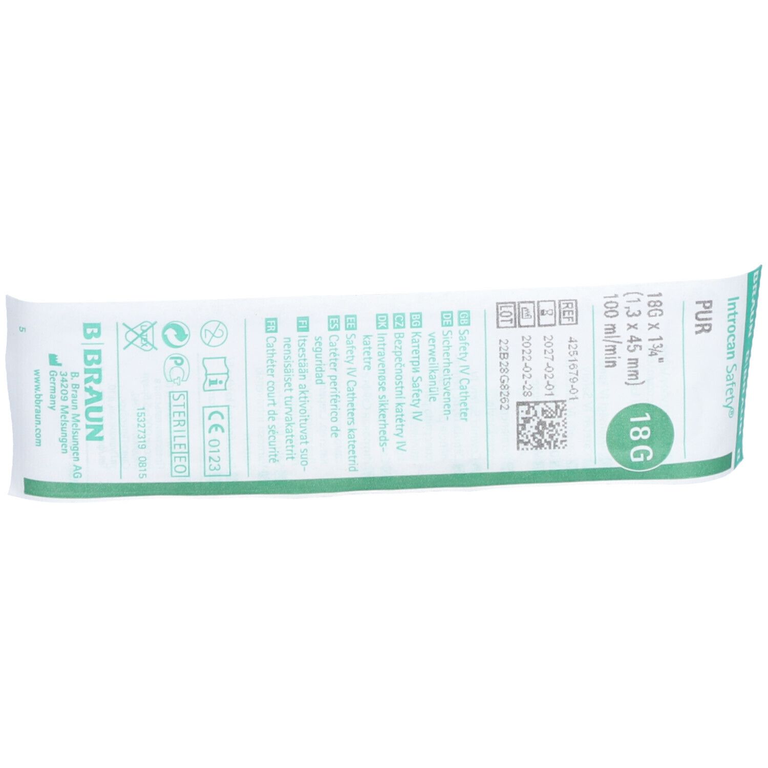 Emballage de B BRAUN Introcan Safety Cathéter 18G. Marquage vert avec informations produit et marquage CE.
