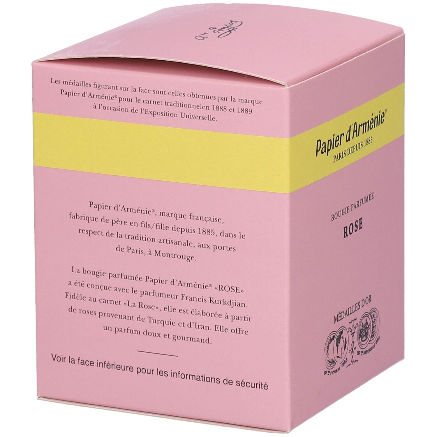 Rosa Schachtel mit gelbem Streifen. Text auf Französisch. Aufschrift: Papier d'Arménie, Bougie Parfumée Rose, Medailles d'Or. Medaillen.