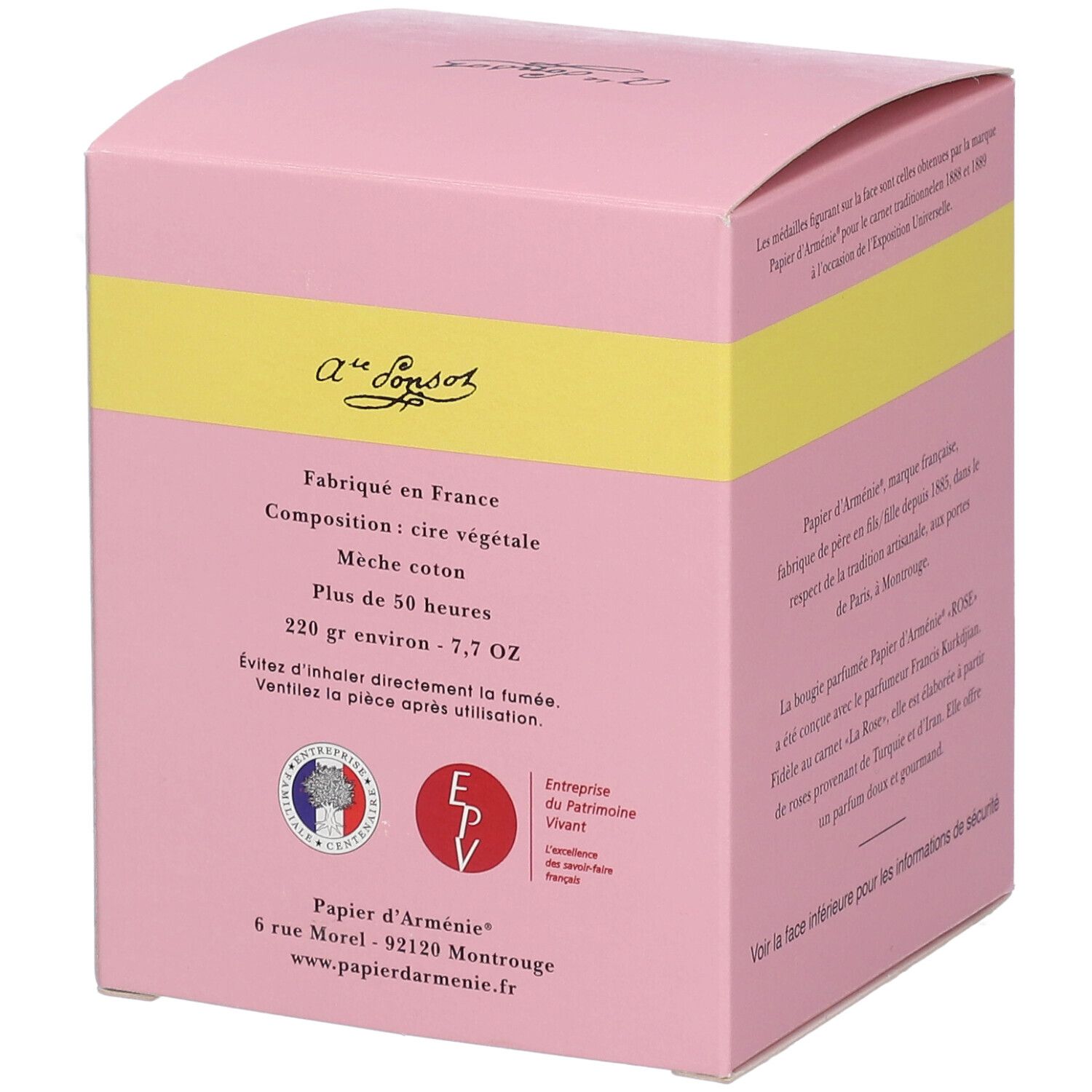 Rosa Schachtel mit gelbem Streifen. Text auf Französisch. Aufschrift: Papier d'Arménie. Zertifizierungen und Adresse.