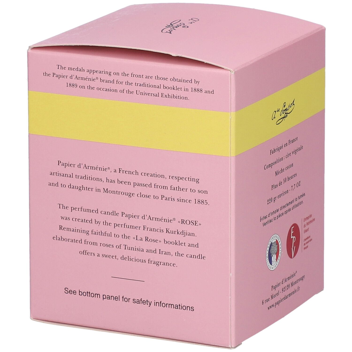 Rosa Schachtel mit gelbem Streifen. Text auf Französisch. Aufschrift: Papier d'Arménie. Zertifizierungen und Adresse.