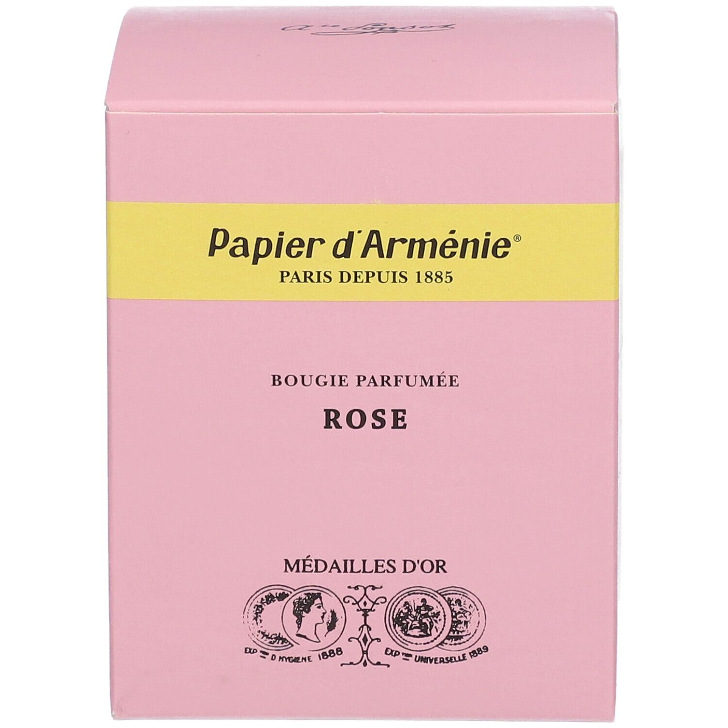 Rosa Schachtel mit gelbem Streifen. Aufschrift: Papier d'Arménie, Bougie Parfumée Rose, Medailles d'Or. Medaillen.