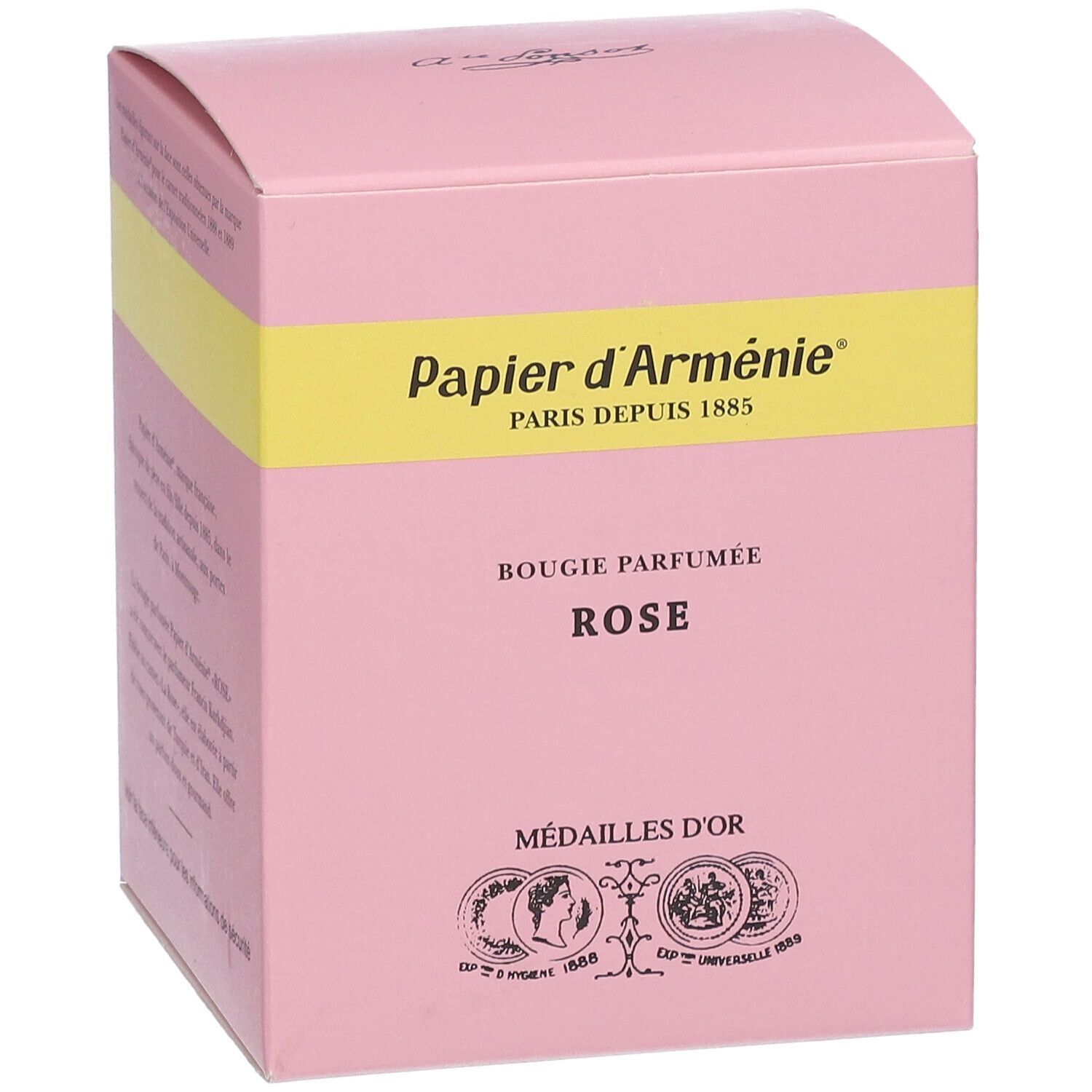 Rosa Schachtel mit gelbem Streifen. Aufschrift: Papier d'Arménie, Bougie Parfumée Rose, Medailles d'Or. Medaillen.