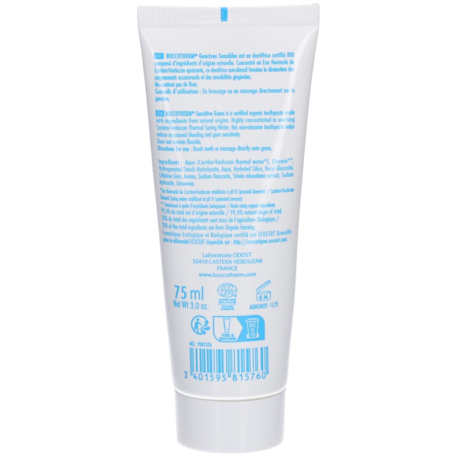 Rückseite der Zahngel-Tube. Text in mehreren Sprachen. Enthält Informationen zu Inhaltsstoffen und Hersteller. Volumen: 75 ml.
